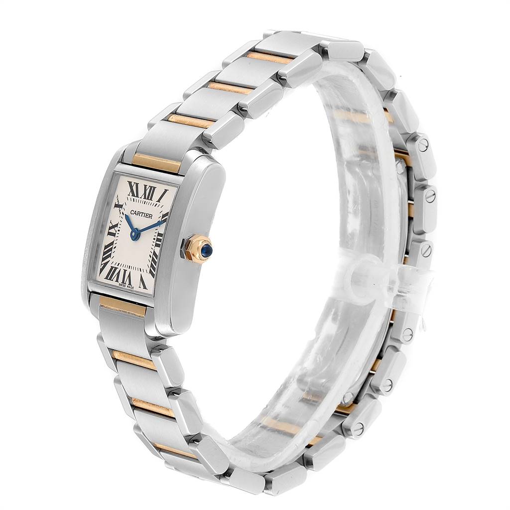 The image shows a Cartier Tank Francaise W51007Q4 Women's Steel and Gold (two tone) Silver Dial W51007Q4 Women's Steel and Gold (two tone) Silver Dial watch from an angled side view, displaying the dial, crown, and bracelet.