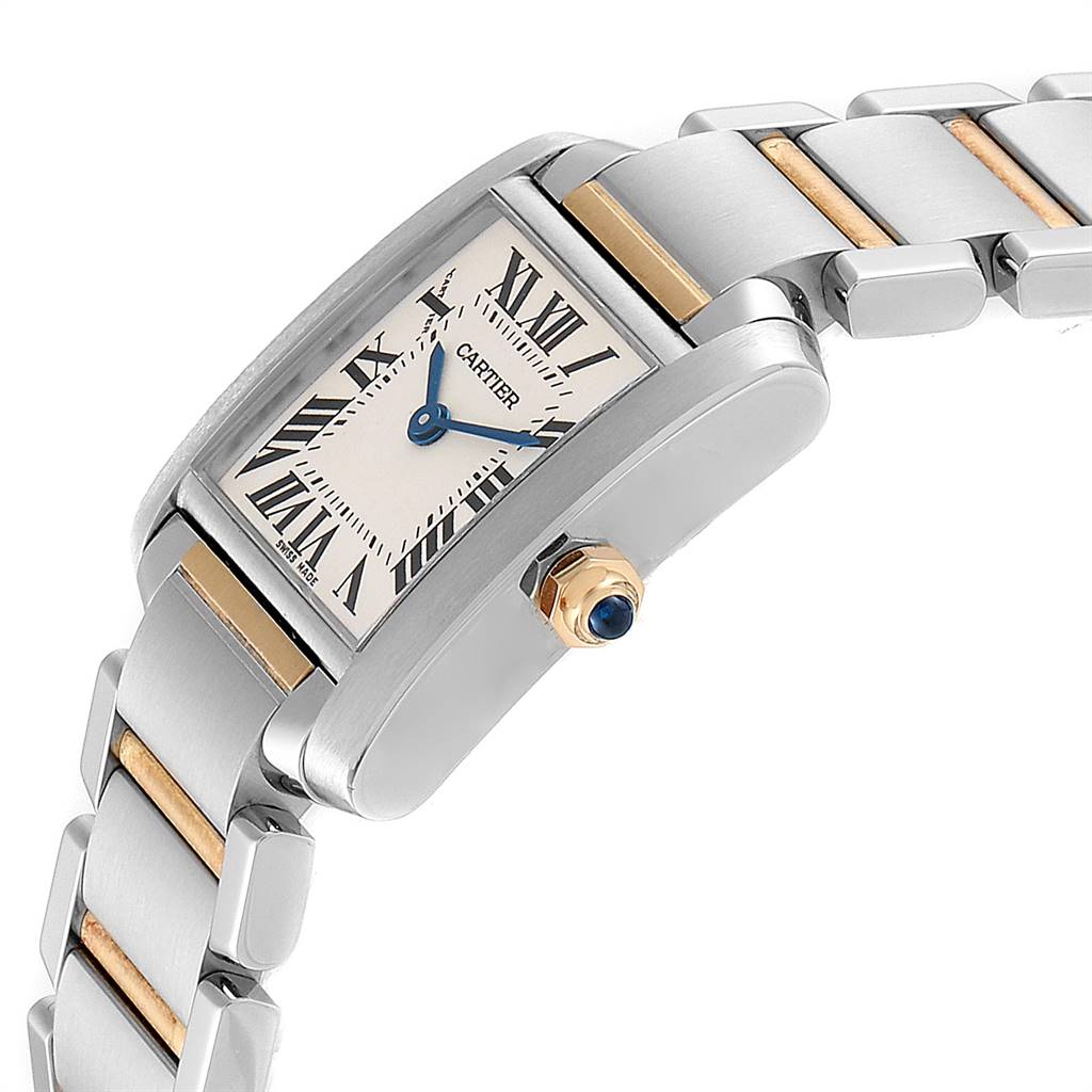 This image shows a side angle of a Cartier Tank Française watch, highlighting its dial, crown, and part of the bracelet.
