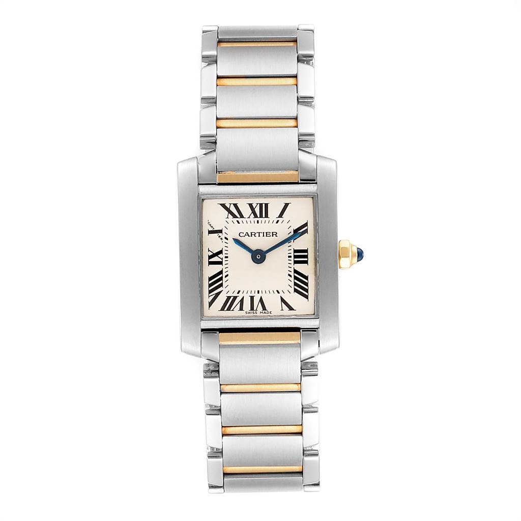 The Cartier Tank Francaise W51007Q4 Women's Steel and Gold (two tone) Silver Dial W51007Q4 Women's Steel and Gold (two tone) Silver Dial watch is shown from a top-down angle, displaying its face, bracelet, and crown.