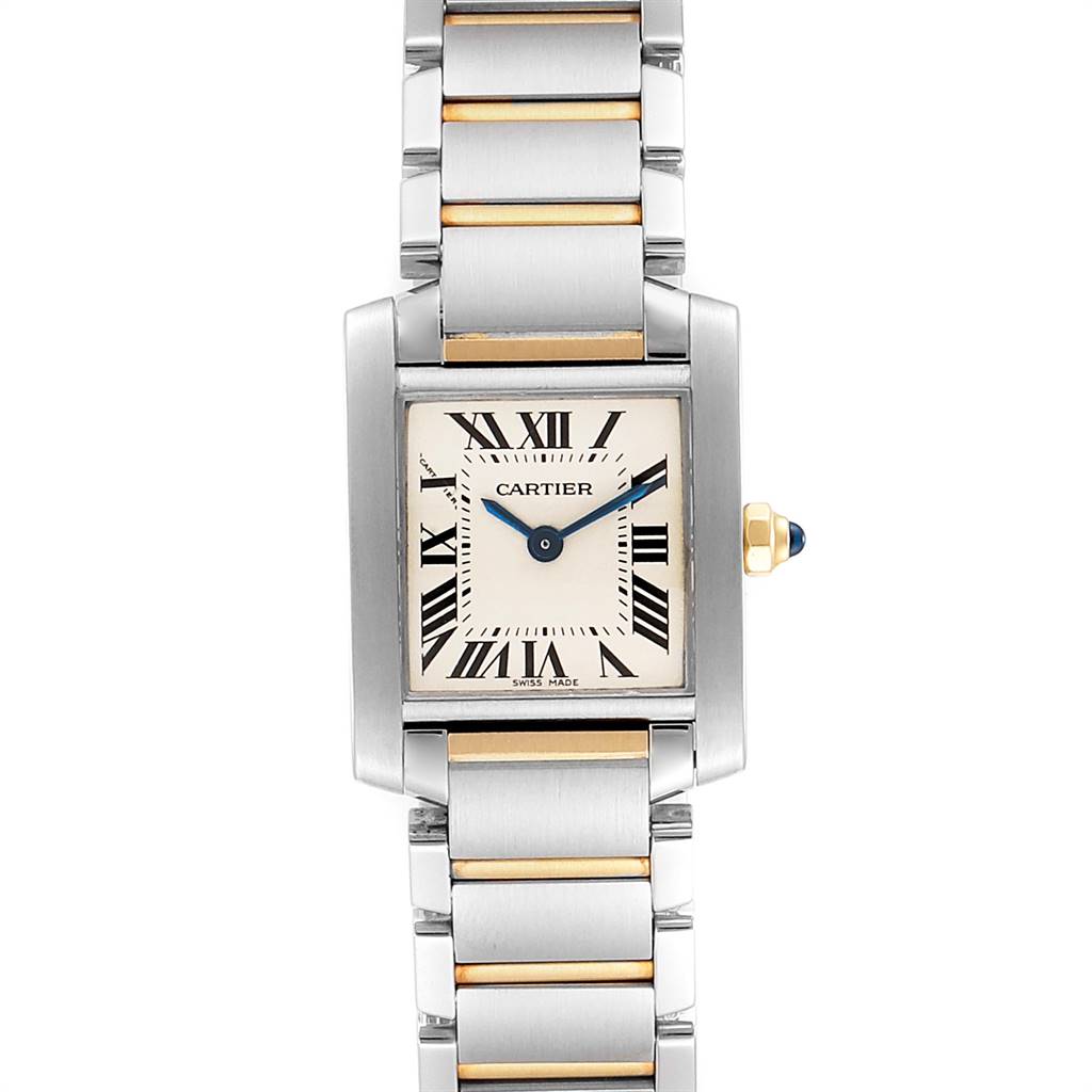 This image shows a front view of the Cartier Tank Francaise W51007Q4 Women's Steel and Gold (two tone) Silver Dial W51007Q4 Women's Steel and Gold (two tone) Silver Dial watch, highlighting the face, hands, and bracelet with gold accents.