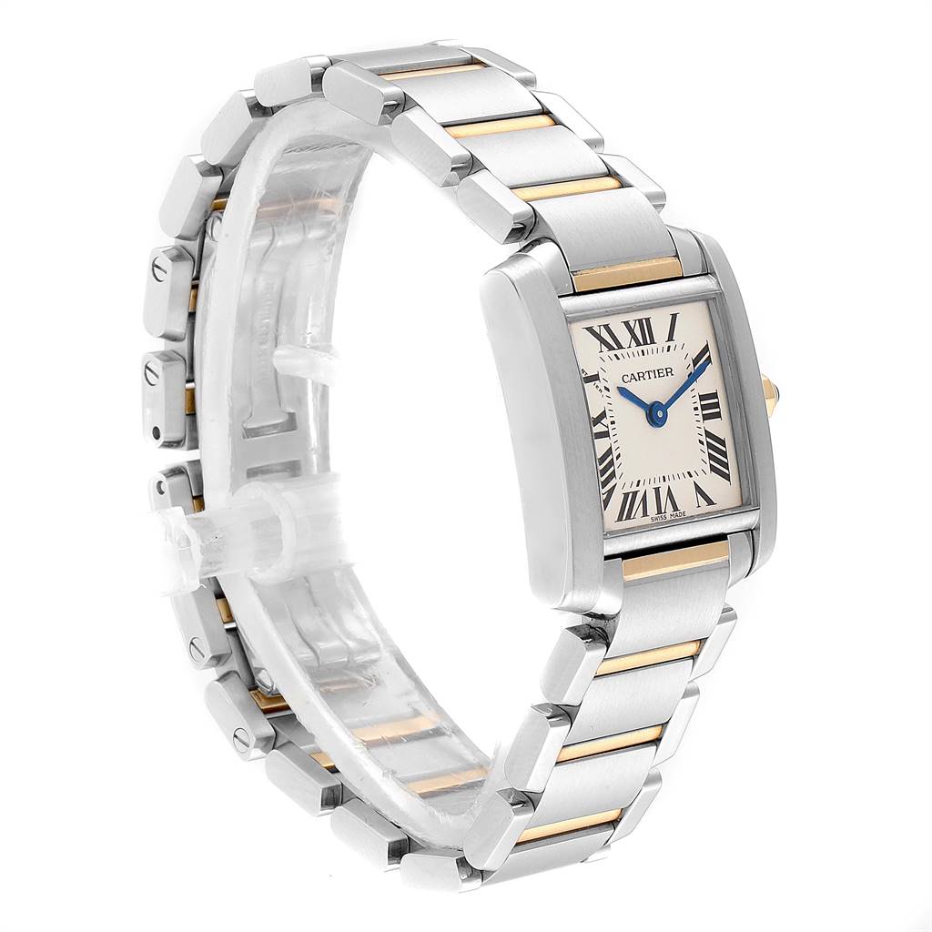 The Cartier Tank Francaise W51007Q4 Women's Steel and Gold (two tone) Silver Dial W51007Q4 Women's Steel and Gold (two tone) Silver Dial watch is shown at a right angle, highlighting the face, clasp, and two-tone bracelet.