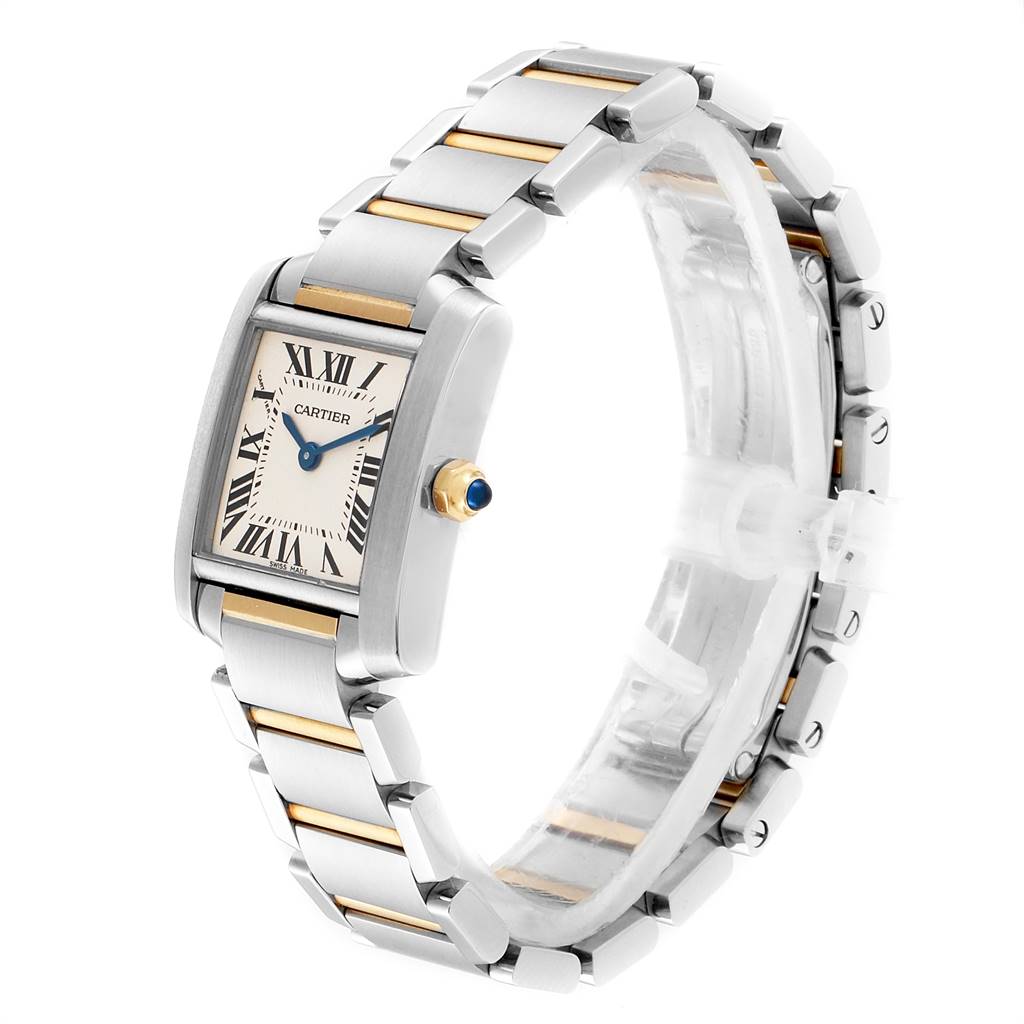 The image shows a Cartier Tank Francaise W51007Q4 Women's Steel and Gold (two tone) Silver Dial W51007Q4 Women's Steel and Gold (two tone) Silver Dial watch angled to display the face, crown, and bracelet.
