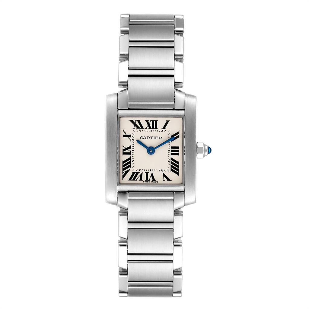The image shows a front view of the Cartier Tank Francaise W51008Q3 Women's Stainless Steel Silver Dial W51008Q3 Women's Stainless Steel Silver Dial watch, displaying its rectangular face and metal bracelet.