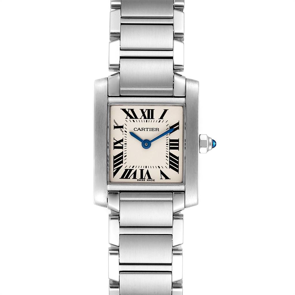 This image shows the Cartier Tank Francaise W51008Q3 Women's Stainless Steel Silver Dial W51008Q3 Women's Stainless Steel Silver Dial watch face-on, highlighting the bracelet, dial, and crown with a blue cabochon.