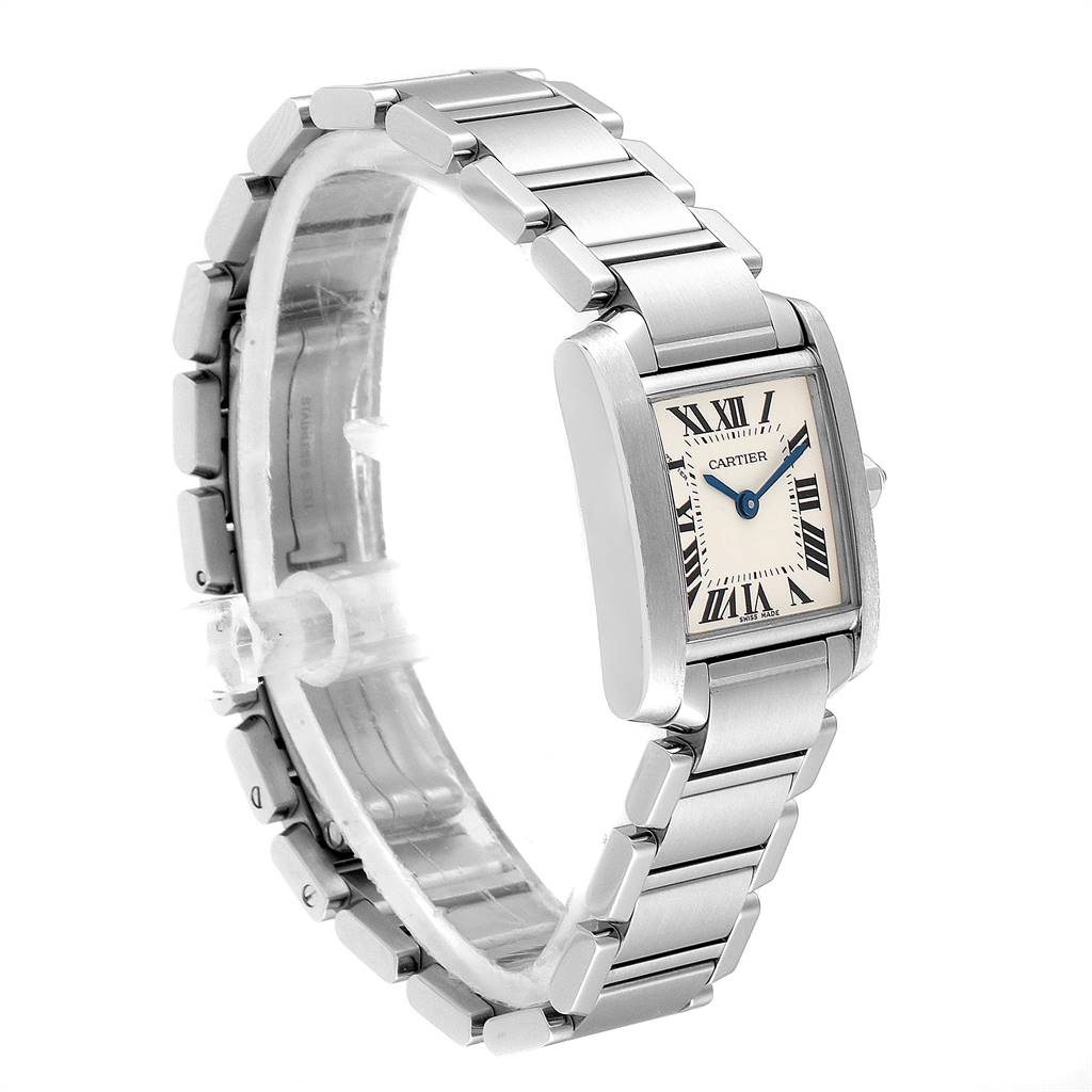 The Cartier Tank Française watch is shown at an angle displaying its rectangular face and stainless steel bracelet.