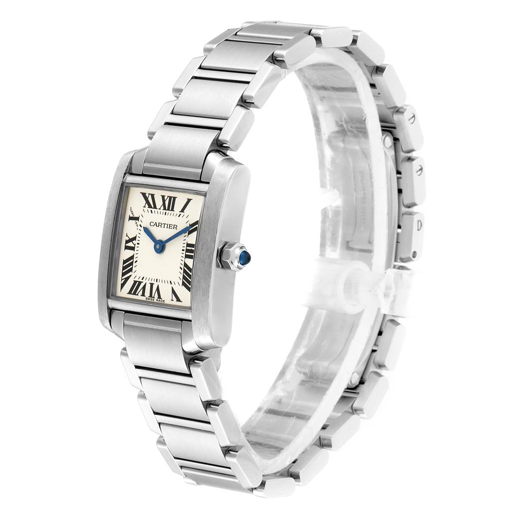 This image shows the Cartier Tank Francaise W51008Q3 Women's Stainless Steel Silver Dial W51008Q3 Women's Stainless Steel Silver Dial watch at a three-quarter angle, highlighting the watch face and stainless steel bracelet.