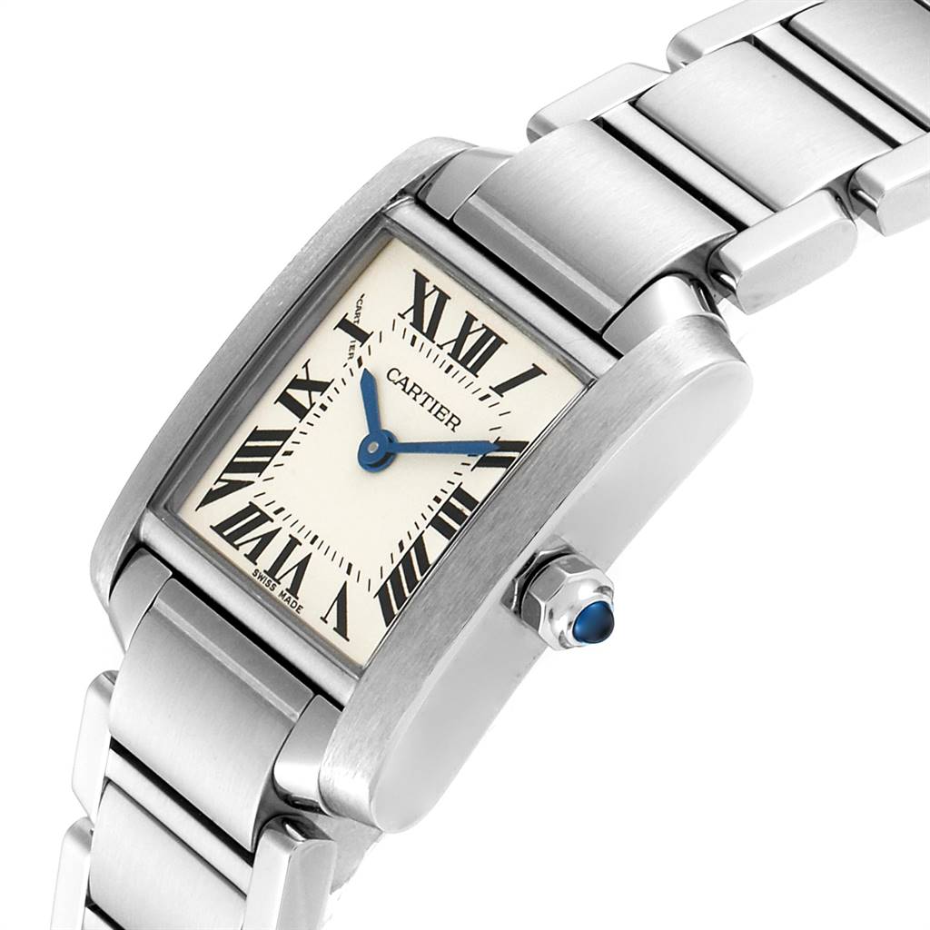 This image shows a partial side view of a Cartier Tank Francaise W51008Q3 Women's Stainless Steel Silver Dial W51008Q3 Women's Stainless Steel Silver Dial watch, highlighting the face, crown, and stainless steel bracelet.
