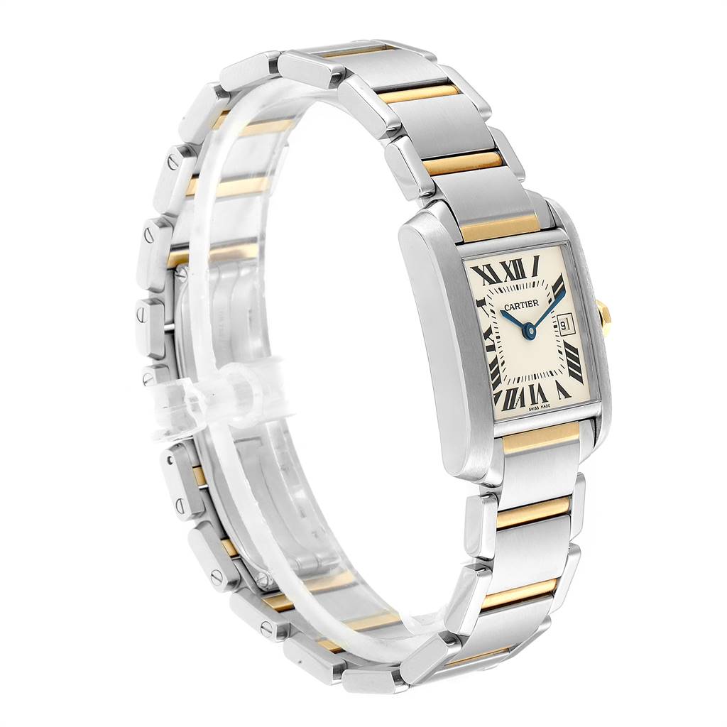 This image shows a Tank Francaise watch by Cartier, highlighting its stainless steel and gold bracelet, bezel, and rectangular dial.