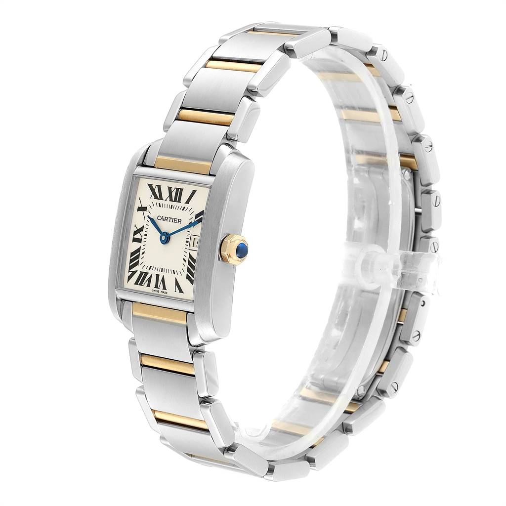 This image shows a Cartier Tank Francaise W51012Q4 Women's Steel and Gold (two tone) Silver Dial W51012Q4 Women's Steel and Gold (two tone) Silver Dial model watch from a front angle, highlighting the face, crown, and bracelet.