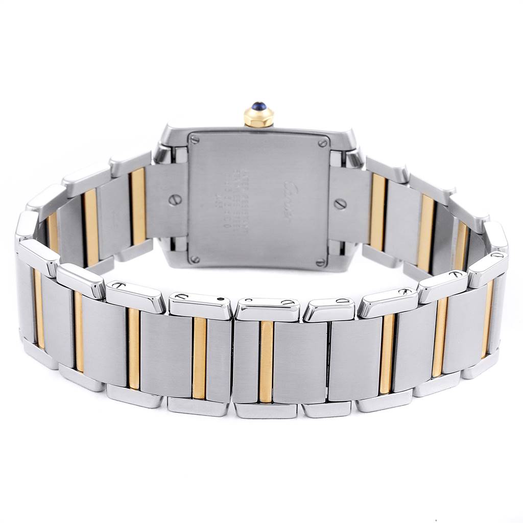 The image shows the back view of the Cartier Tank Francaise W51012Q4 Women's Steel and Gold (two tone) Silver Dial W51012Q4 Women's Steel and Gold (two tone) Silver Dial watch, highlighting the two-tone metal bracelet and case back.