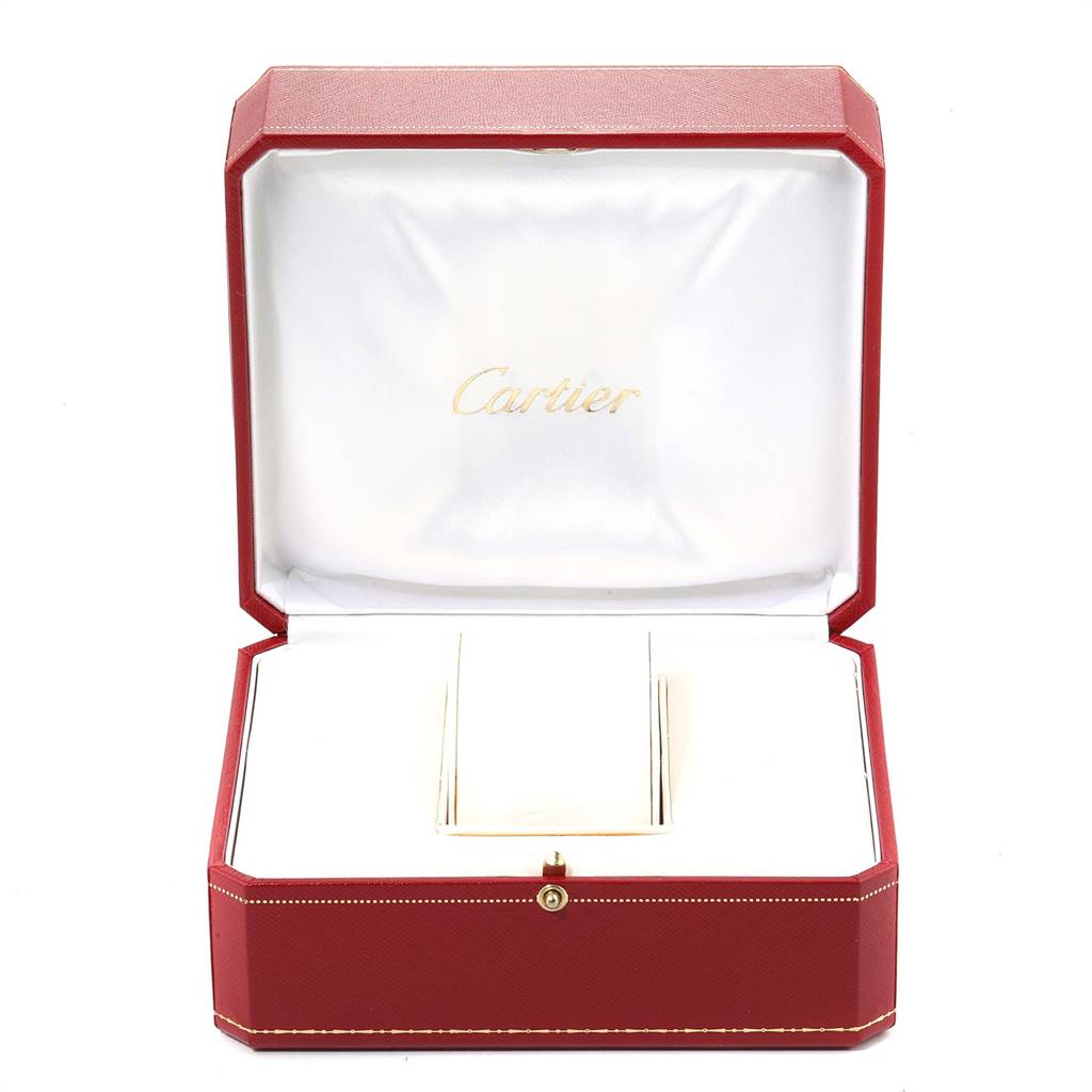 The image shows a Cartier Tank Française watch box, open with white padding inside and the Cartier logo on the lid.