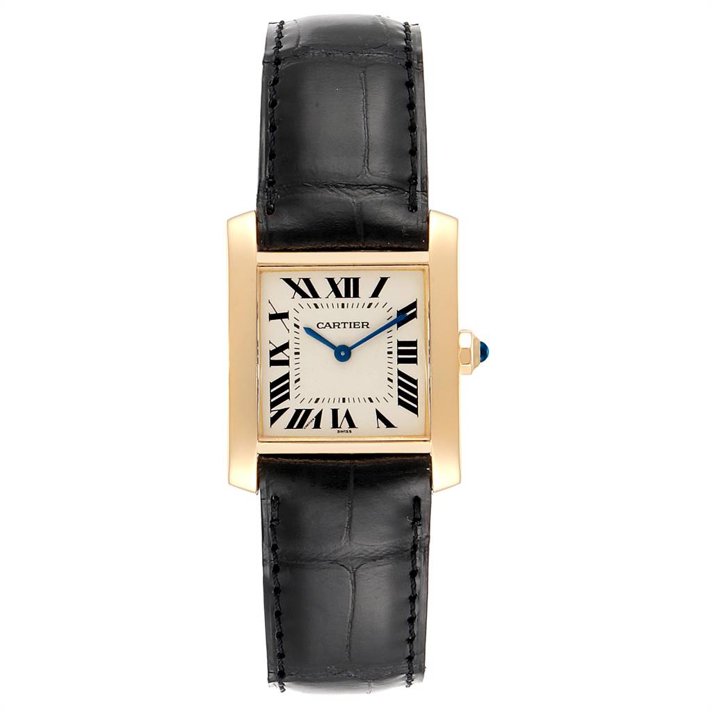 The image shows a front view of a Cartier Tank Francaise W50003N2 Women's Yellow Gold Silver Dial W50003N2 Women's Yellow Gold Silver Dial watch with a black leather strap and gold case.