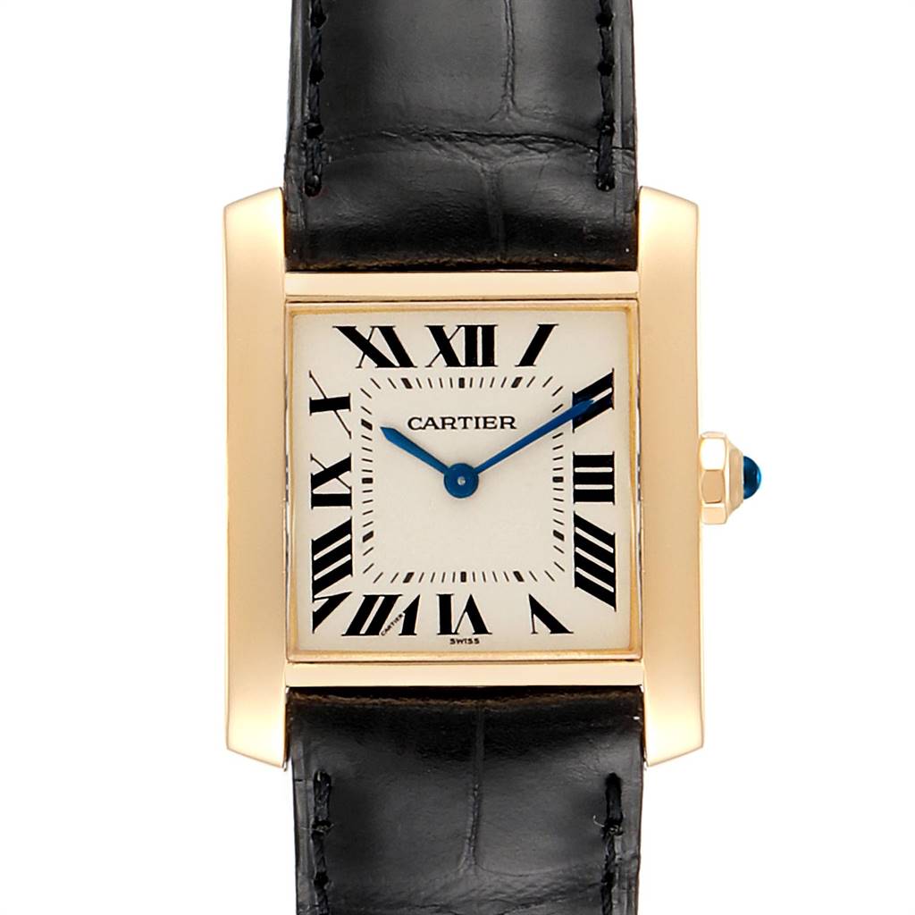 This is a frontal view of the Cartier Tank Francaise W50003N2 Women's Yellow Gold Silver Dial W50003N2 Women's Yellow Gold Silver Dial watch, showing the face, Roman numerals, hands, and the leather strap.
