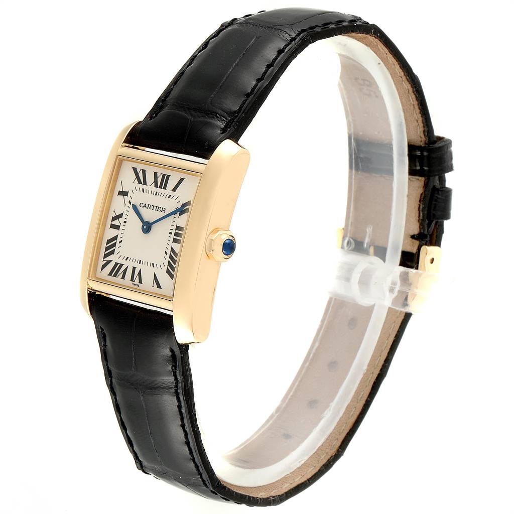 This image shows a Cartier Tank Française watch from an angled front view, highlighting its face and strap.