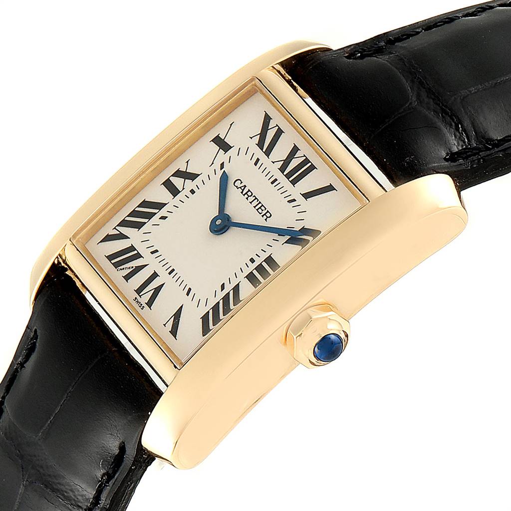 The image shows a Cartier Tank Francaise W50003N2 Women's Yellow Gold Silver Dial W50003N2 Women's Yellow Gold Silver Dial watch from an angled side view, highlighting the face, case, crown, and leather strap.
