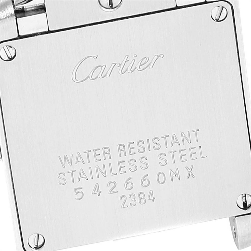 The image shows the back casing of a Cartier Tank Francaise W51028Q3 Women's Stainless Steel Mother of Pearl Dial W51028Q3 Women's Stainless Steel Mother of Pearl Dial watch, highlighting the brand name and specifics like water resistance.