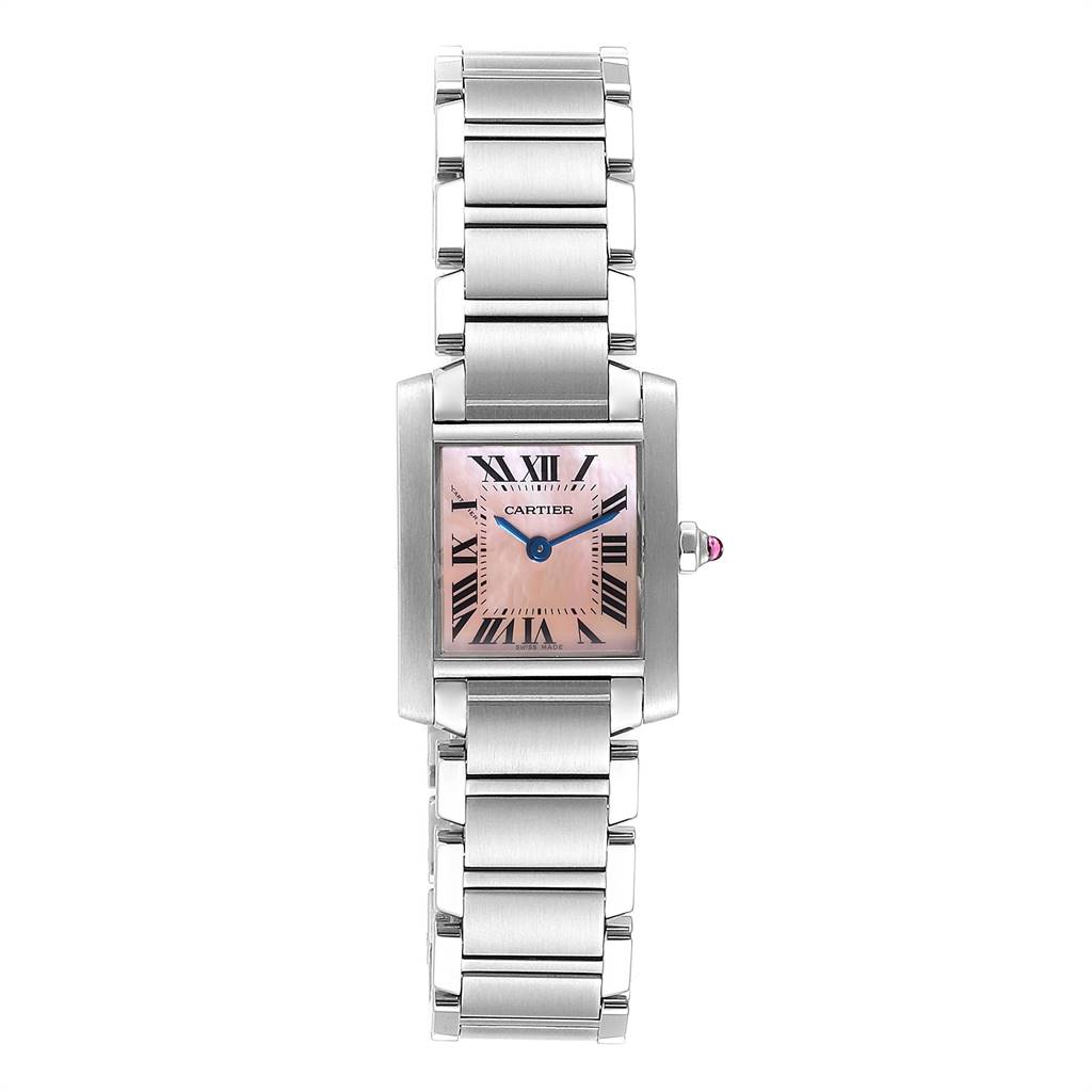 The image shows a front view of the Cartier Tank Francaise W51028Q3 Women's Stainless Steel Mother of Pearl Dial W51028Q3 Women's Stainless Steel Mother of Pearl Dial watch, including its rectangular dial and metal bracelet.