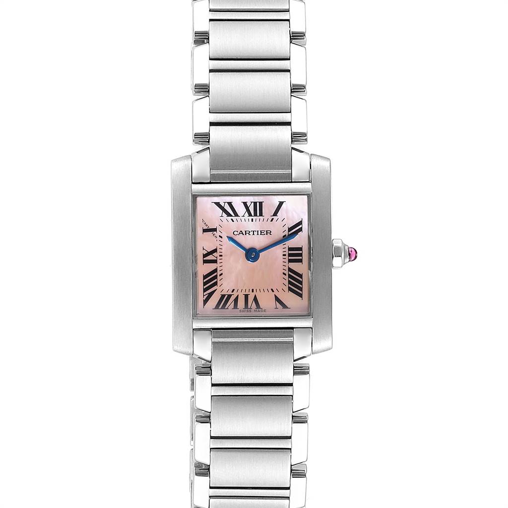 This image shows a front view of the Cartier Tank Française watch, displaying the dial, bracelet, and crown.