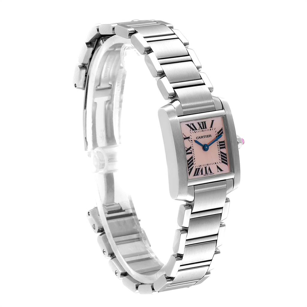 The Cartier Tank Française watch is shown at a three-quarter angle, displaying the face, bracelet, and crown.