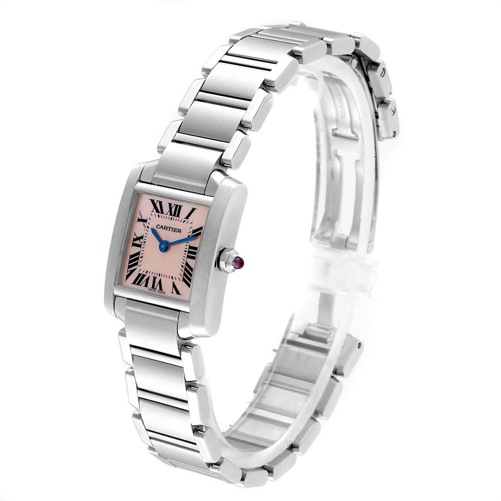 This image shows a side view of the Cartier Tank Francaise W51028Q3 Women's Stainless Steel Mother of Pearl Dial W51028Q3 Women's Stainless Steel Mother of Pearl Dial watch, displaying its rectangular face, metal bracelet, and crown detail.