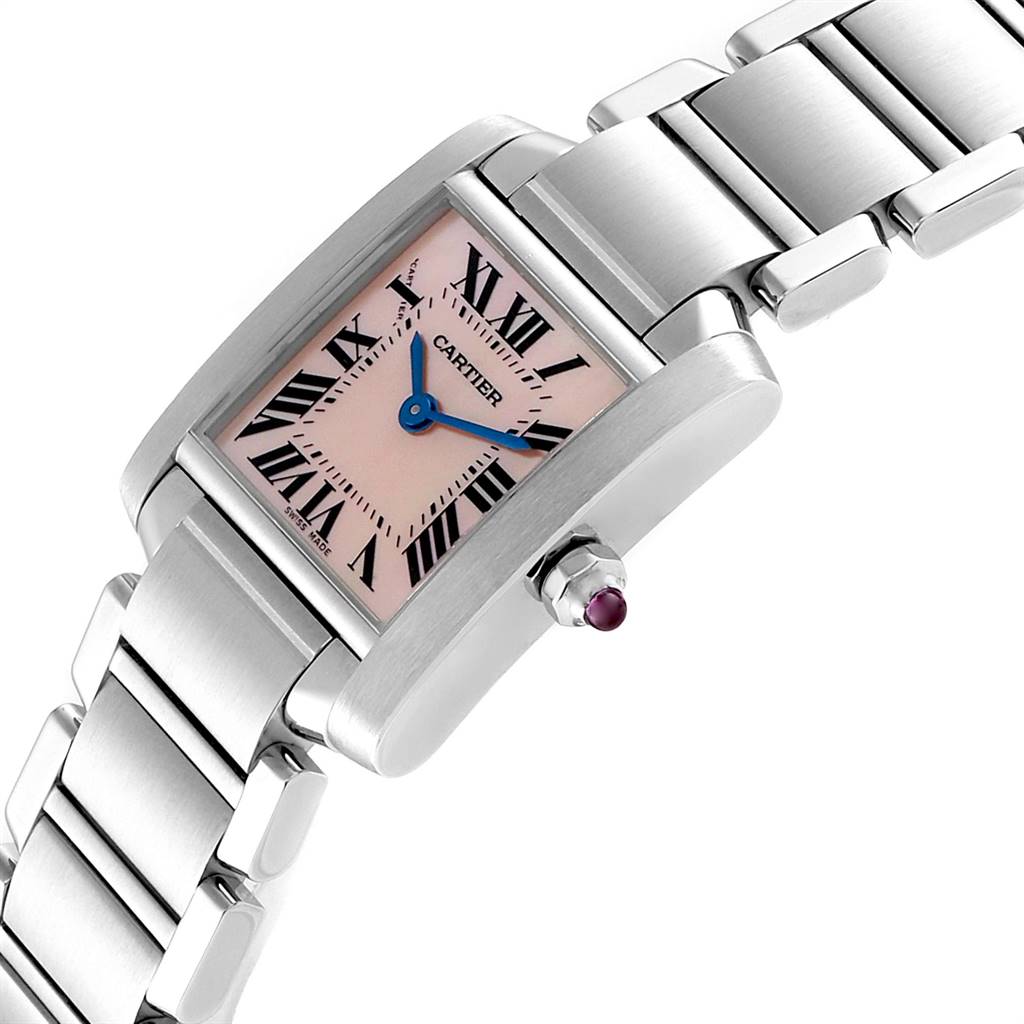 This image shows a Cartier Tank Francaise W51028Q3 Women's Stainless Steel Mother of Pearl Dial W51028Q3 Women's Stainless Steel Mother of Pearl Dial watch angled to display its face, bracelet, and crown with a gemstone.