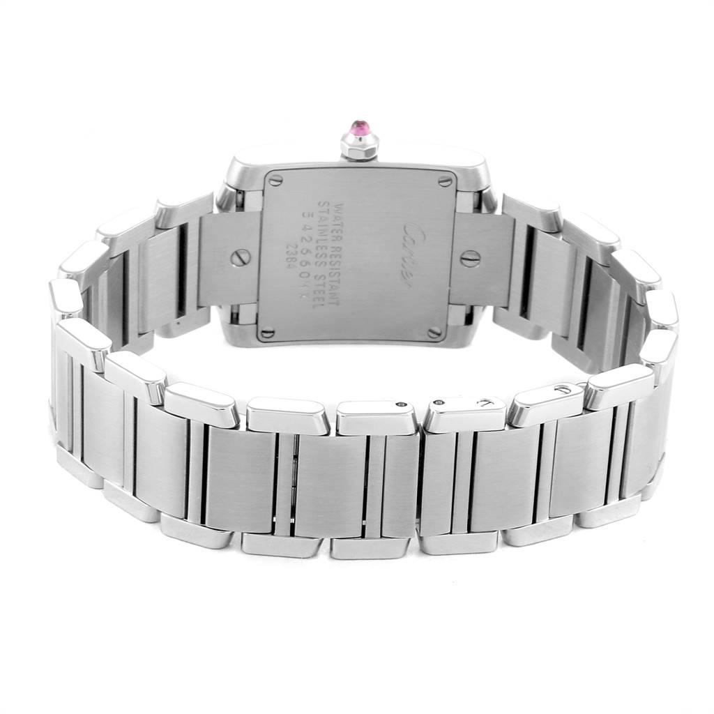 The image shows the back view of a Cartier Tank Francaise W51028Q3 Women's Stainless Steel Mother of Pearl Dial W51028Q3 Women's Stainless Steel Mother of Pearl Dial watch, displaying its stainless steel bracelet and case back.