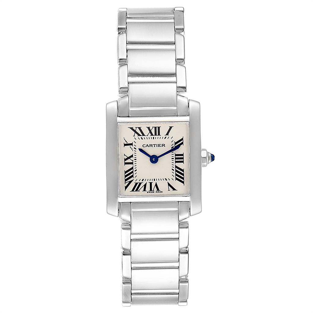 The Cartier Tank Francaise W50012S3 Women's White Gold Silver Dial W50012S3 Women's White Gold Silver Dial watch is shown from a top-down angle, displaying its face and metal bracelet.