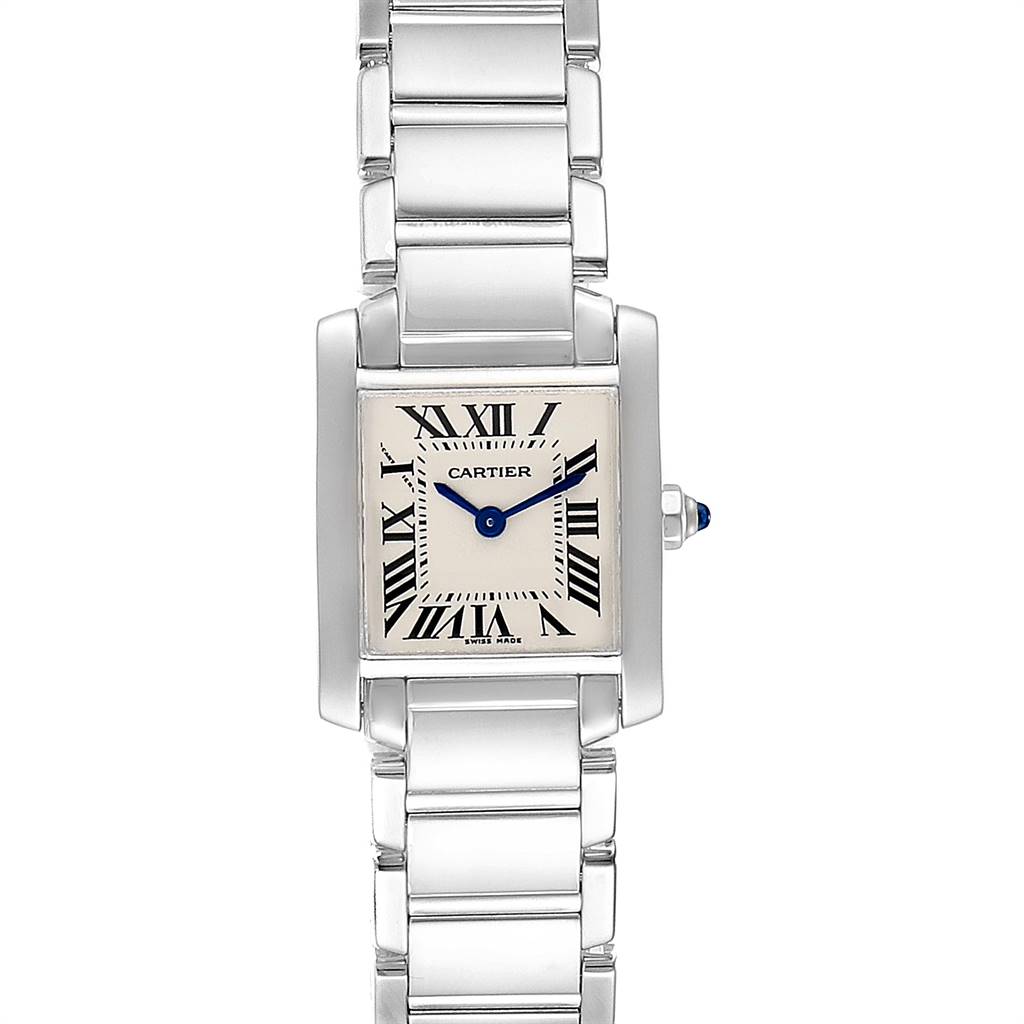 The image displays a frontal view of the Cartier Tank Francaise W50012S3 Women's White Gold Silver Dial W50012S3 Women's White Gold Silver Dial watch, showing its face, bezel, and bracelet.