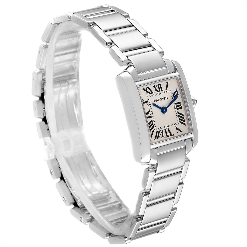 This is a side-angle view of the Cartier Tank Francaise W50012S3 Women's White Gold Silver Dial W50012S3 Women's White Gold Silver Dial watch, showcasing its rectangular dial and metal bracelet.