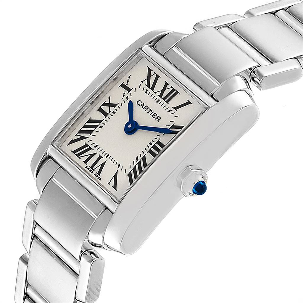 This image shows a Cartier Tank Francaise W50012S3 Women's White Gold Silver Dial W50012S3 Women's White Gold Silver Dial watch from an angle displaying the face, dial, and part of the bracelet.