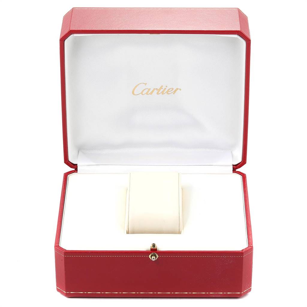 This image shows an empty red Cartier box for the Tank Française model, open to display the interior.