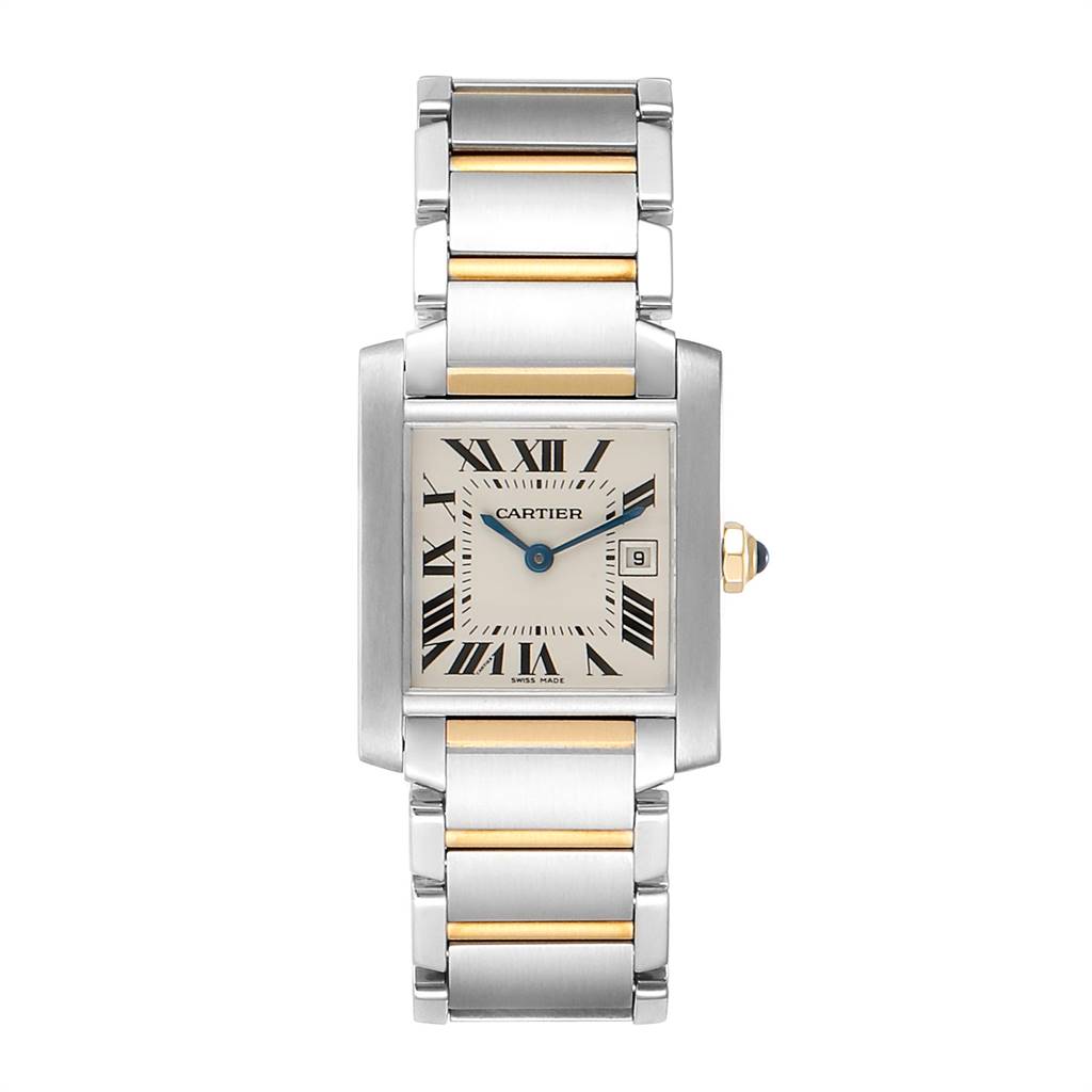 This is a front view of a Cartier Tank Francaise W51012Q4 Women's Steel and Gold (two tone) Silver Dial W51012Q4 Women's Steel and Gold (two tone) Silver Dial model watch, showing the face, case, and metal bracelet.
