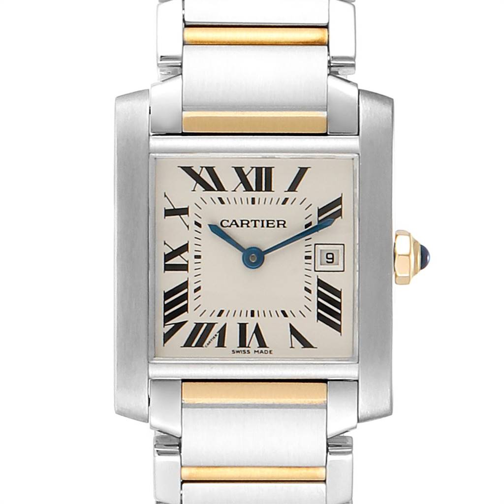 This image shows a frontal view of the Cartier Tank Française watch, highlighting the dial, bezel, and part of the bracelet.