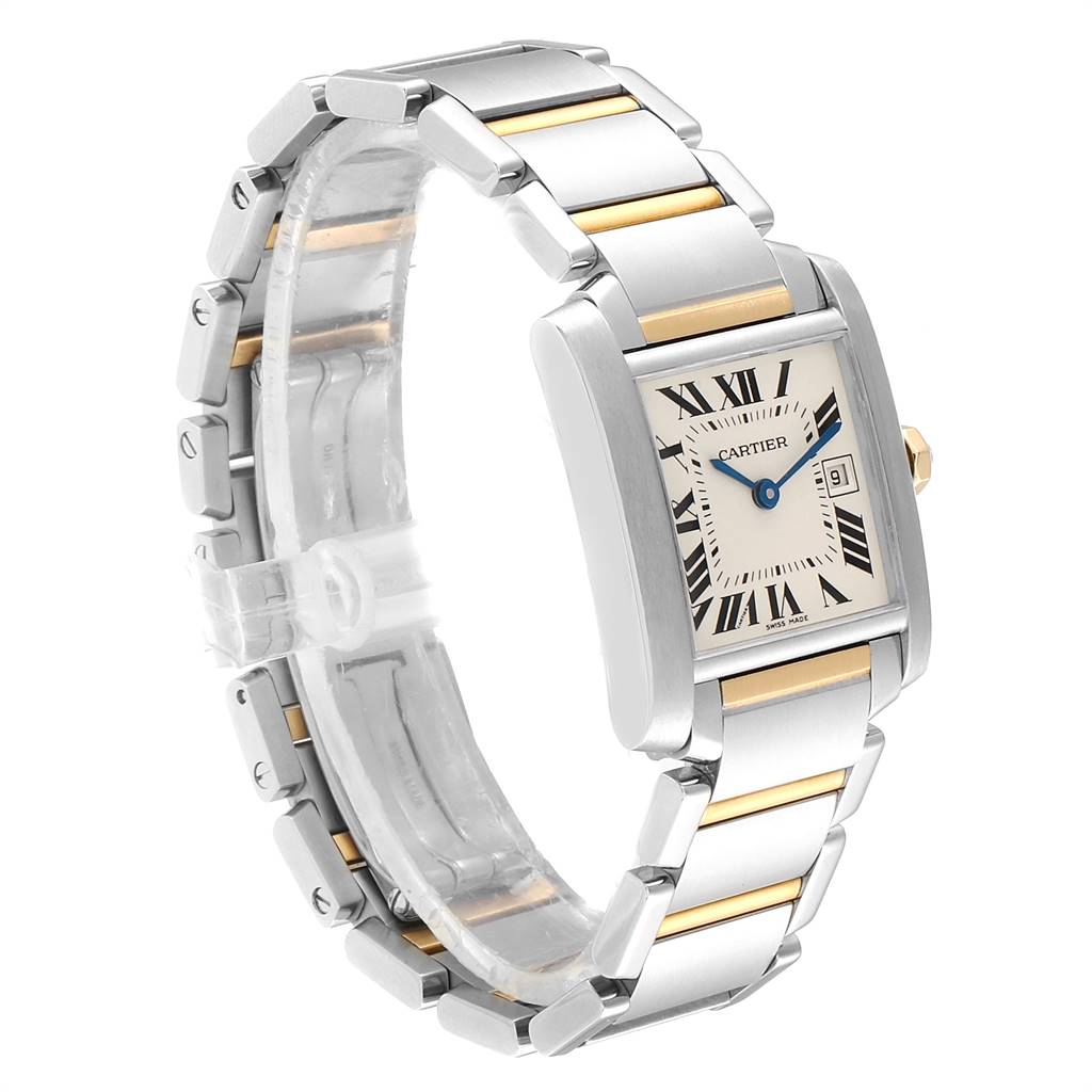 The image shows a Cartier Tank Francaise W51012Q4 Women's Steel and Gold (two tone) Silver Dial W51012Q4 Women's Steel and Gold (two tone) Silver Dial watch at a three-quarter angle, highlighting its two-tone bracelet and rectangular face.