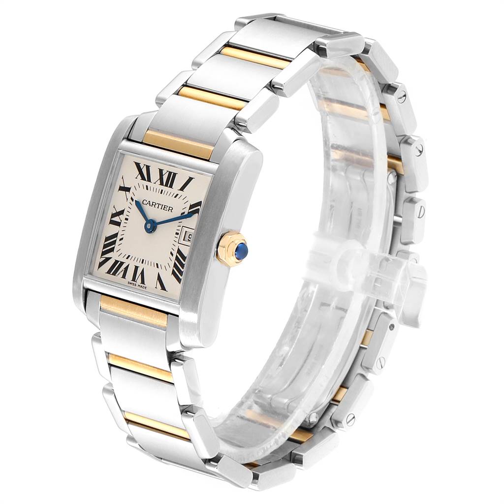 The Cartier Tank Francaise W51012Q4 Women's Steel and Gold (two tone) Silver Dial W51012Q4 Women's Steel and Gold (two tone) Silver Dial watch is shown at an angle displaying its face, crown, and bracelet with gold accents.