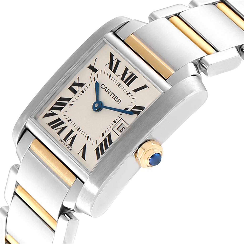 This is a close-up image of the Cartier Tank Francaise W51012Q4 Women's Steel and Gold (two tone) Silver Dial W51012Q4 Women's Steel and Gold (two tone) Silver Dial watch showing the dial, crown, and part of the bracelet.