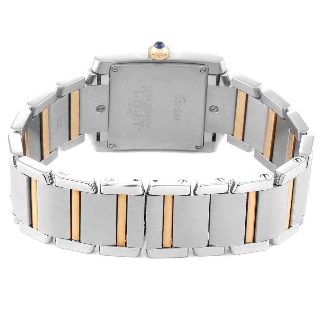 This image shows the back and bracelet of a Cartier Tank Française watch, highlighting its two-tone metal design.