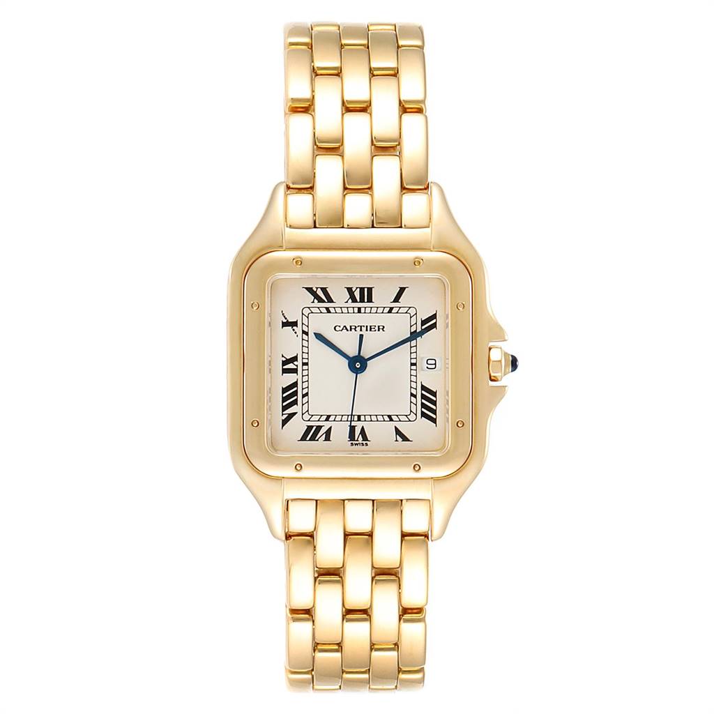 The image shows a front view of the Cartier Tank Française watch, highlighting its gold bracelet and Roman numeral dial.