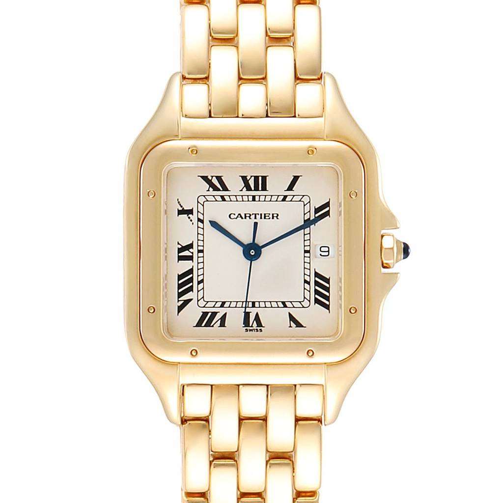 This image shows a front view of a Cartier Tank Française watch, highlighting its square face, Roman numerals, and metal strap.