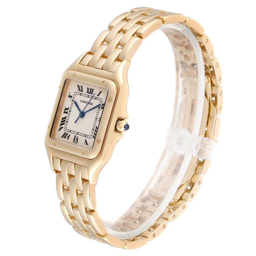 The Cartier Tank Francaise W25014B9 Yellow Gold Silver Dial W25014B9 Yellow Gold Silver Dial watch is shown at a three-quarter angle, displaying the face, bracelet, and crown.