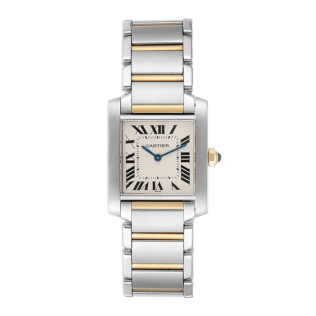 This image shows a full frontal view of the Tank Francaise model by Cartier, displaying the face and bracelet.