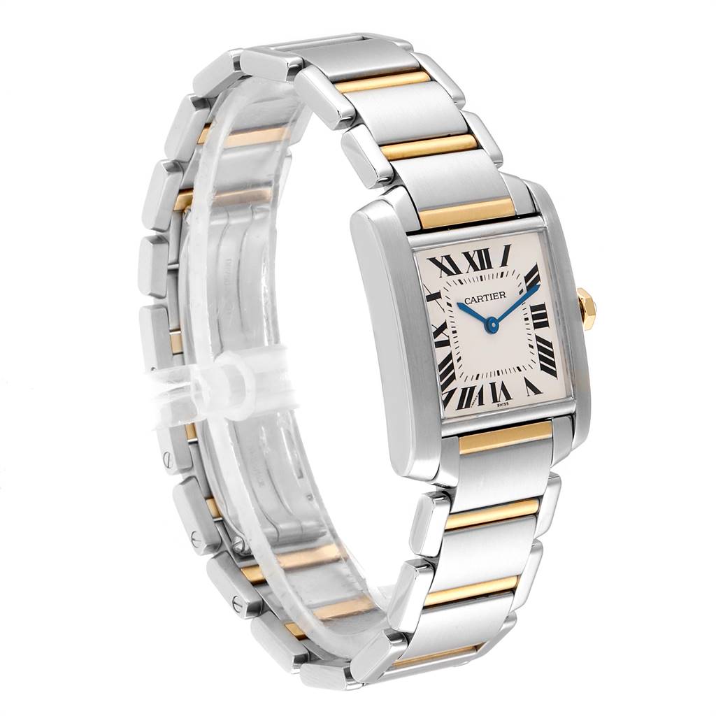 The image shows a side angle view of the Cartier Tank Francaise W2TA0003 Women's Steel and Gold (two tone) Silver Dial W2TA0003 Women's Steel and Gold (two tone) Silver Dial watch displaying the band, face, and crown.