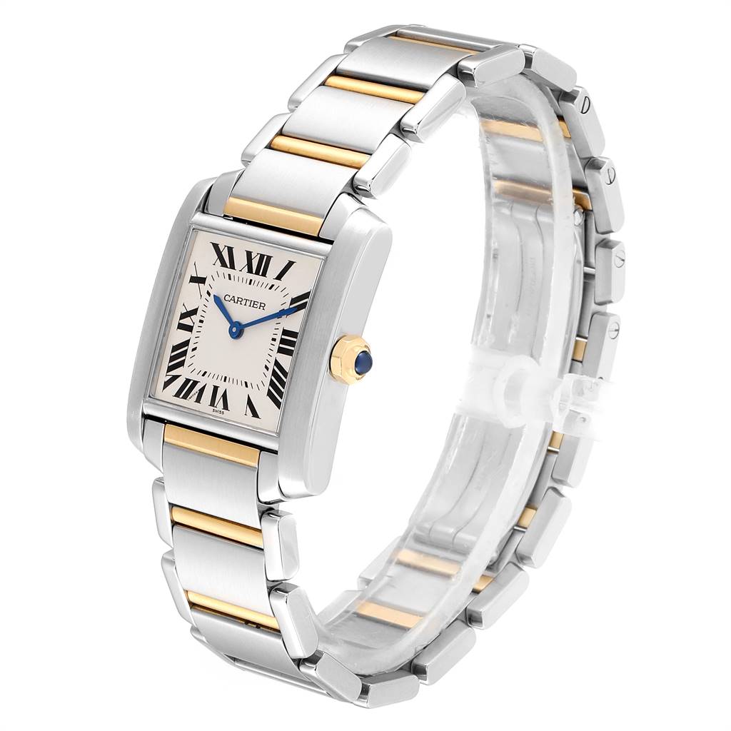 The image shows the Cartier Tank Française watch at a slight overhead angle, displaying the face, bracelet, and crown.