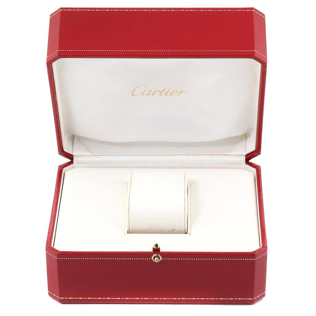 The image shows an empty red Cartier watch box, open, with the logo visible inside, for the Tank Francaise model.