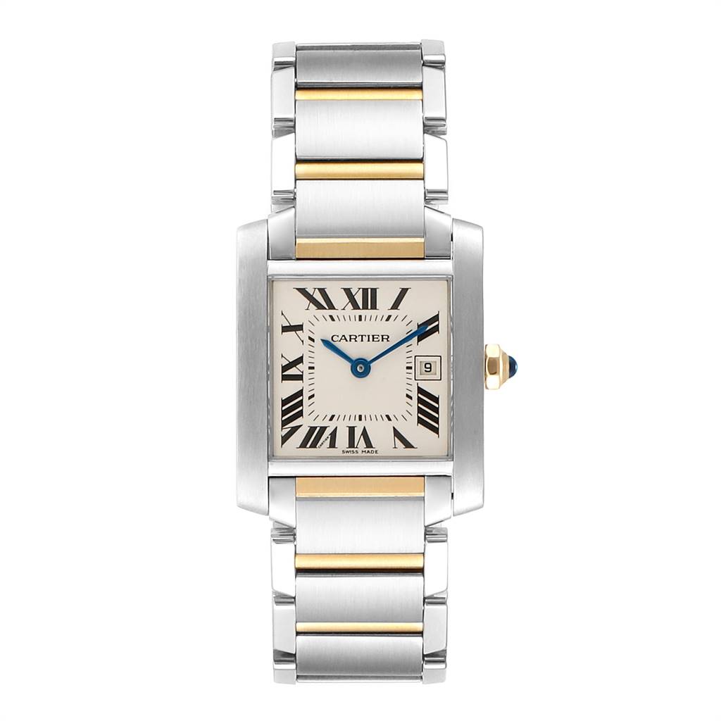 The image shows a Cartier Tank Francaise W51012Q4 Women's Steel and Gold (two tone) Silver Dial W51012Q4 Women's Steel and Gold (two tone) Silver Dial watch from a front angle, displaying its face, bracelet, and case.