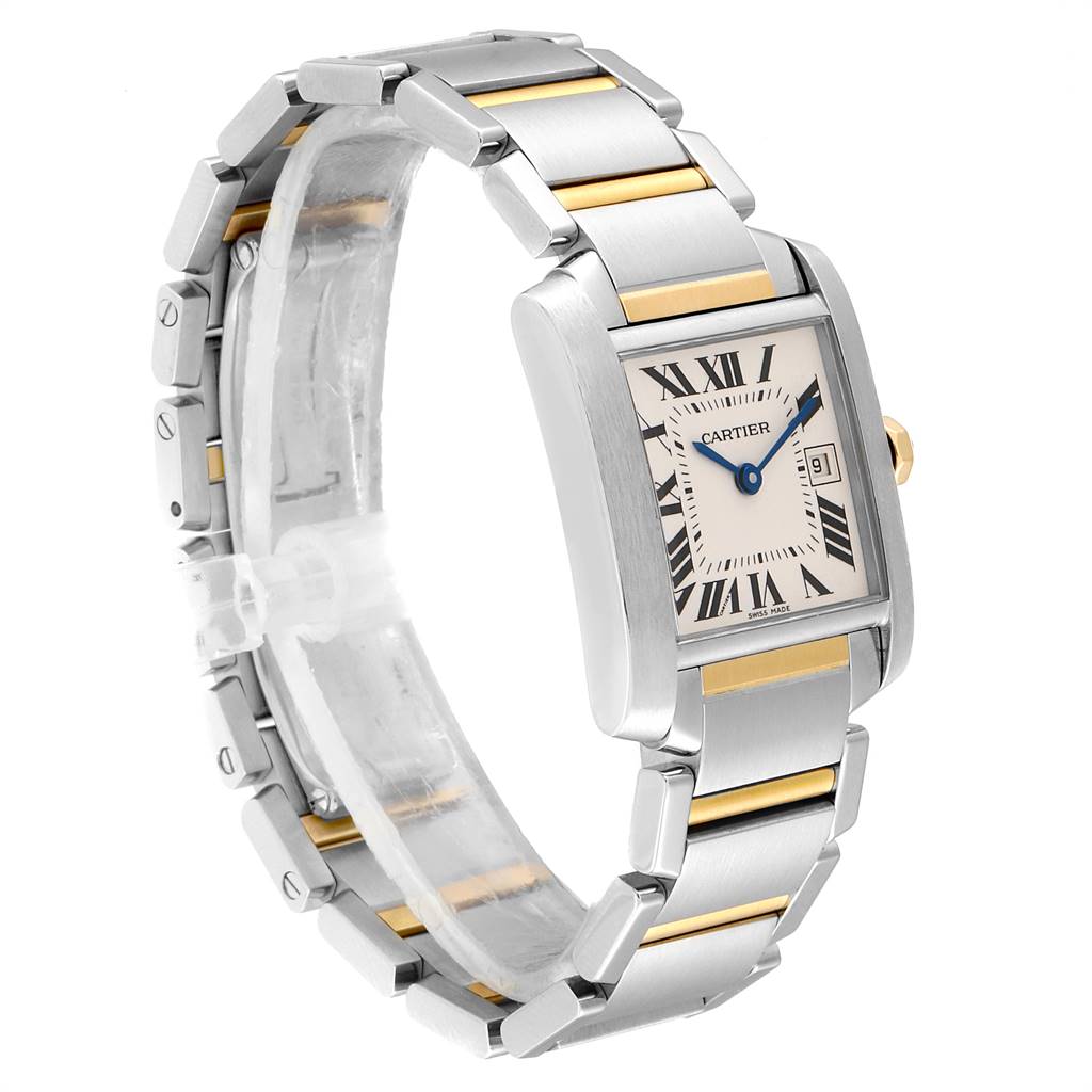 The image shows a side angle view of a Cartier Tank Francaise W51012Q4 Women's Steel and Gold (two tone) Silver Dial W51012Q4 Women's Steel and Gold (two tone) Silver Dial watch, highlighting its metal bracelet with gold accents and rectangular face.