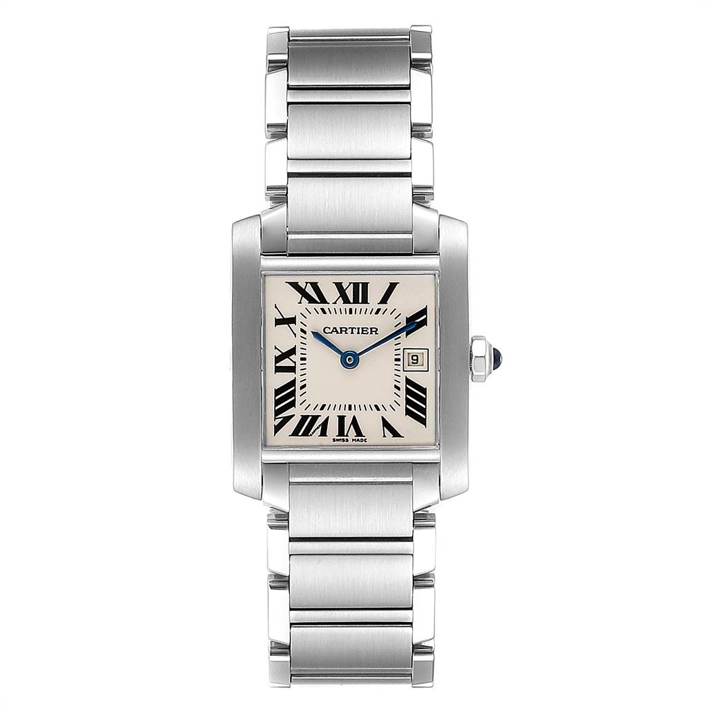 This Tank Francaise watch by Cartier is shown from a top-down angle, displaying the face, bezel, and metal bracelet.