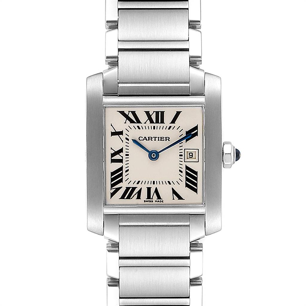 The image shows a front view of a Cartier Tank Francaise W51011Q3 Women
s Stainless Steel Silver Dial W51011Q3 Women
s Stainless Steel Silver Dial watch, displaying the face, bracelet, and crown.