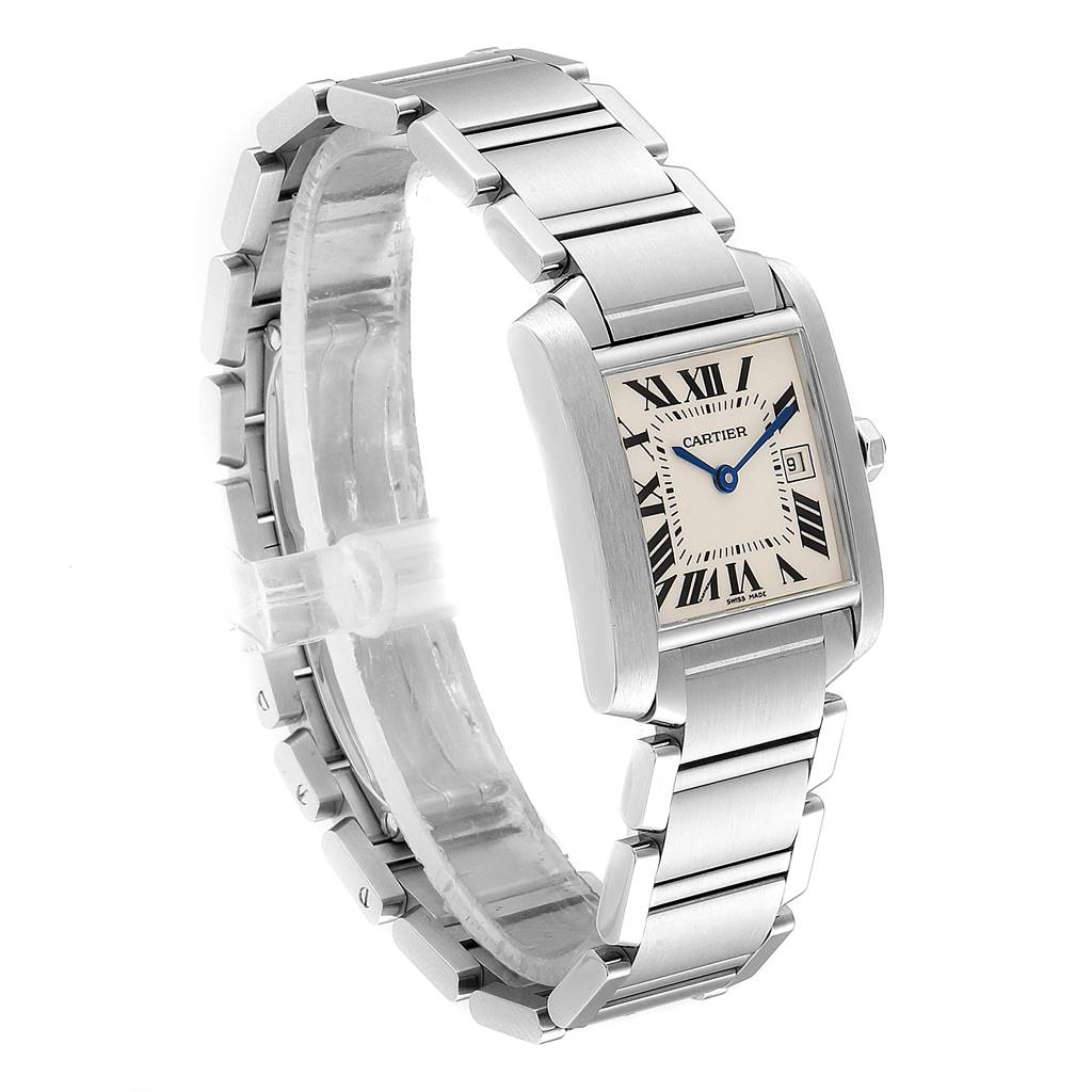 The Cartier Tank Francaise W51011Q3 Women
s Stainless Steel Silver Dial W51011Q3 Women
s Stainless Steel Silver Dial watch is shown at a slight angle, displaying its rectangular face, bracelet, and side view.
