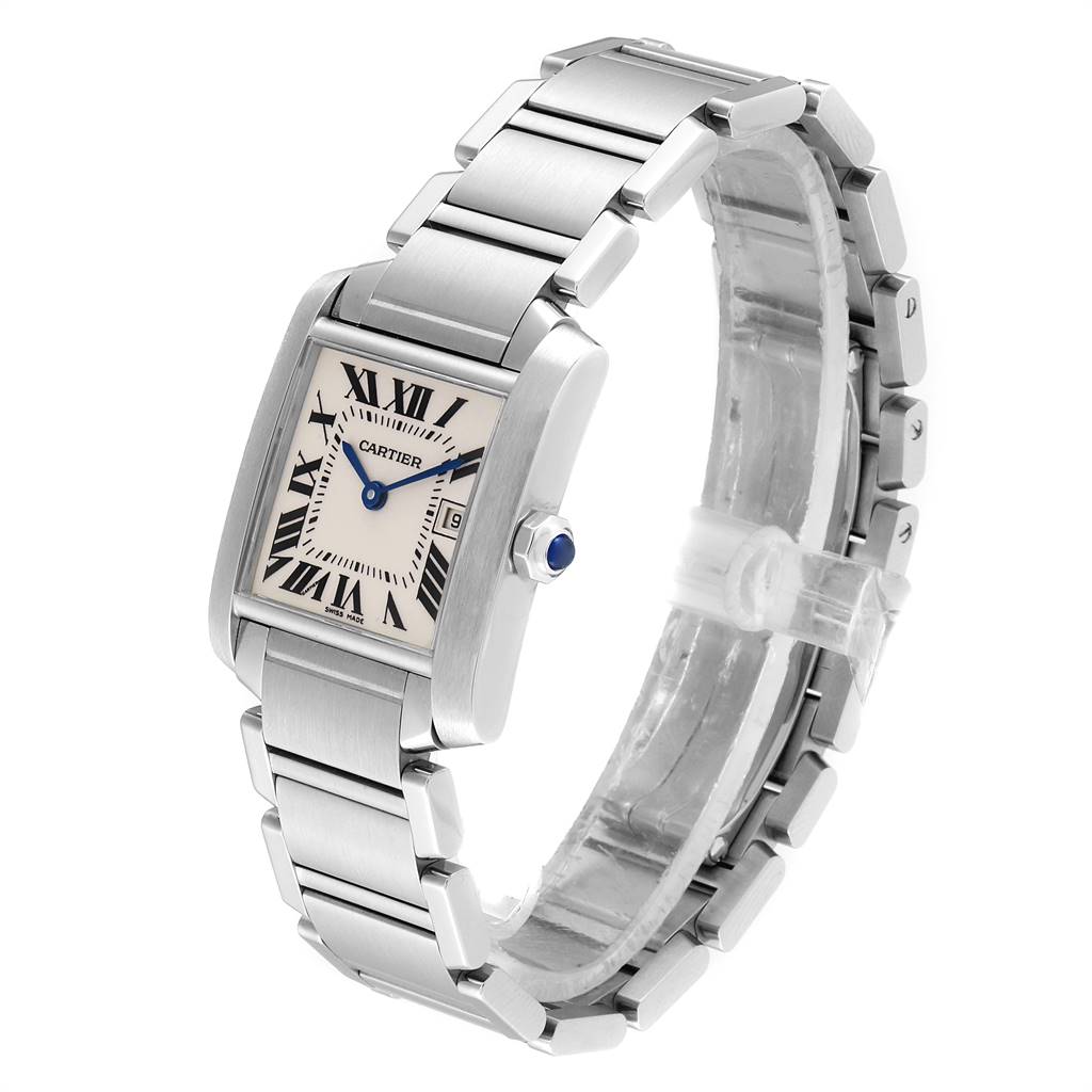 The image shows a Cartier Tank Francaise W51011Q3 Women
s Stainless Steel Silver Dial W51011Q3 Women
s Stainless Steel Silver Dial watch angled to display both the face and stainless steel bracelet.